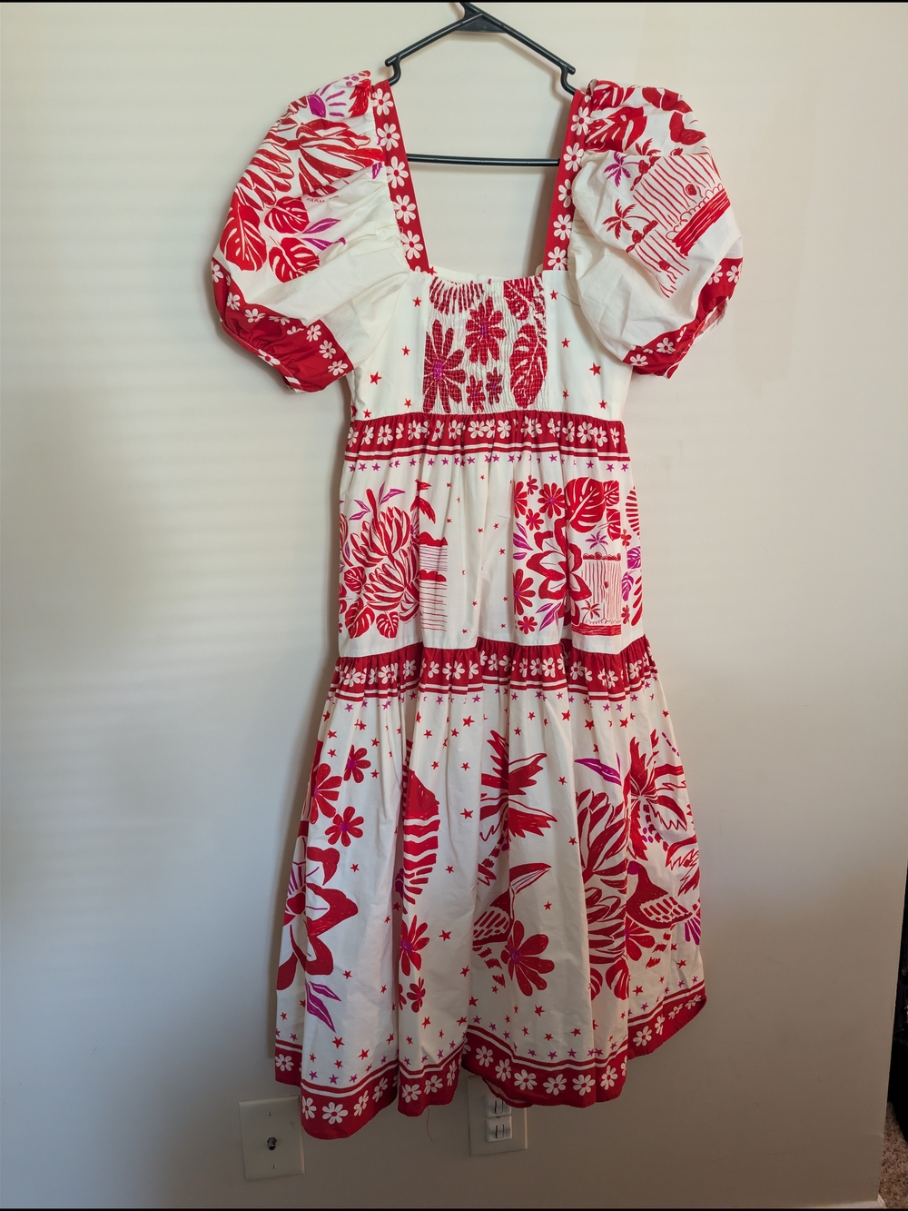 FARM Rio Red & White Toucan Tropical Print Puff Sleeve Tiered Midi Dress XS - Picture 3 of 8